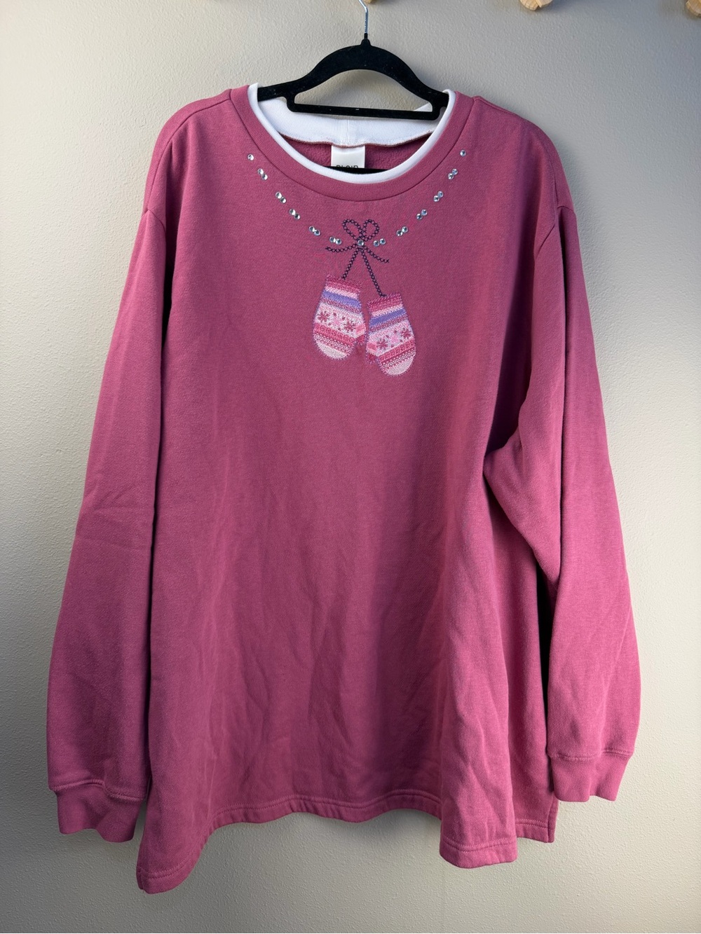 Blair Womens 2XL Mitten Sweatshirt Pink Holiday Embroidered Winter Embellished
